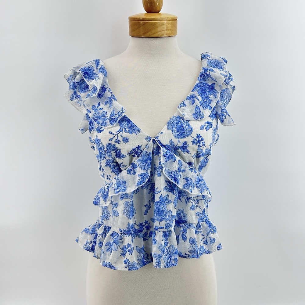 Cottagecore Blue Floral Open Back‎ Crop Top M Milkmaid Ruffle Euro Summer